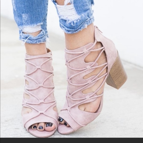 SHOEROOM21 BOUTIQUE Shoes - LADIES CHUNKY HEELS  BLUSH RUSTIC PEEP TOE BOOTIES